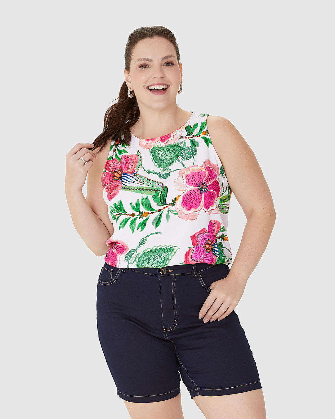 Regata Cropped Feminina Plus Size Estampada Em Viscose - Imagem 11