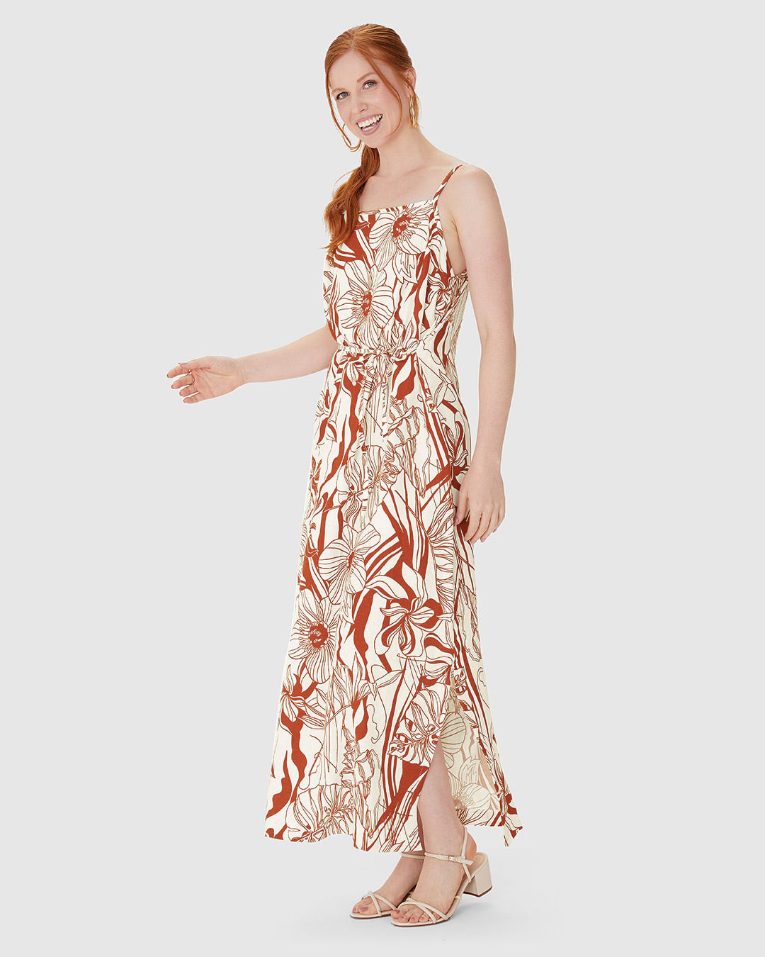 Vestido Midi Feminino Decote Reto E Fenda Lateral Em Viscolinho - Imagem 2