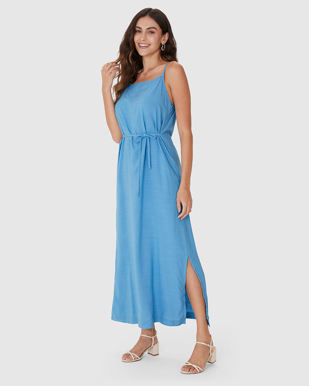 Vestido Midi Feminino Decote Reto E Fenda Lateral Em Viscolinho - Imagem 7