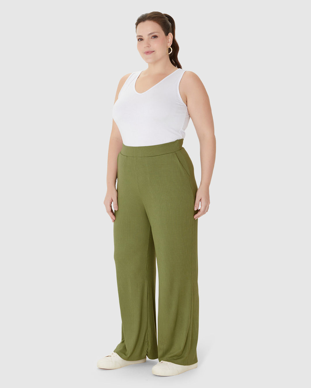 Calça Wide Leg Feminina Plus Size Em Malha Viscose Canelada - Imagem 2