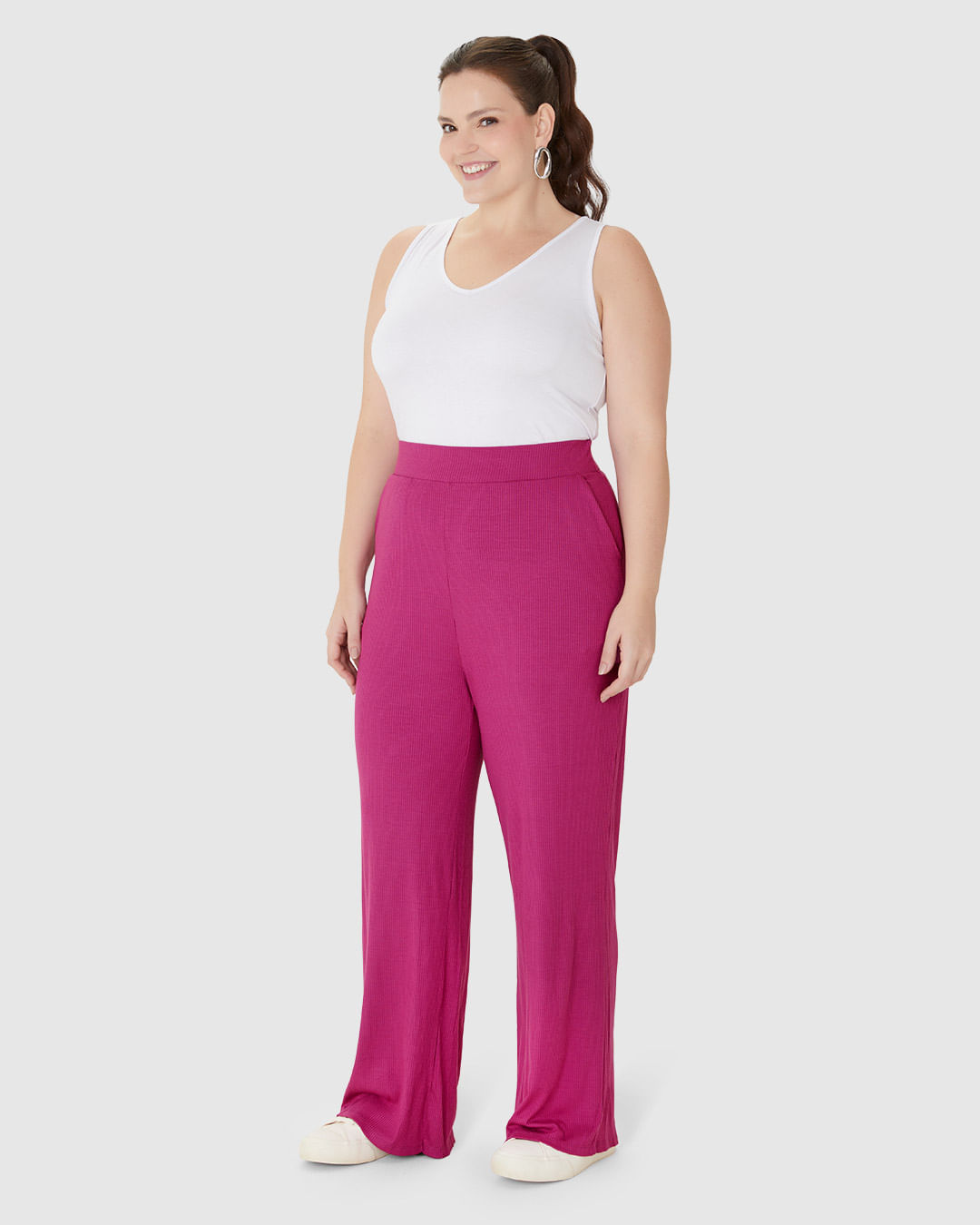 Calça Wide Leg Feminina Plus Size Em Malha Viscose Canelada - Imagem 12