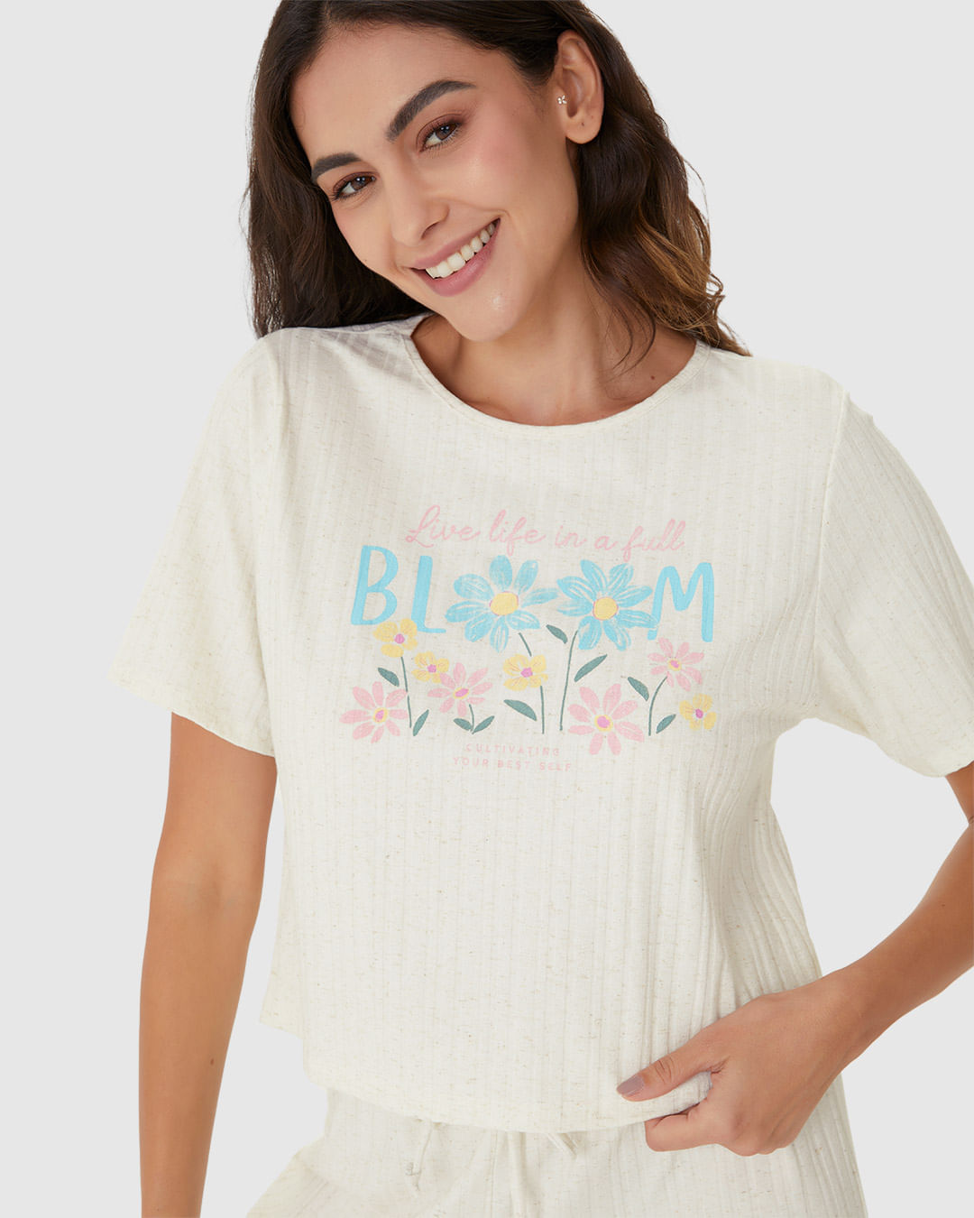 Pijama Feminino Blusa Estampa Frontal Em Malha Linho Canelada - Imagem 13