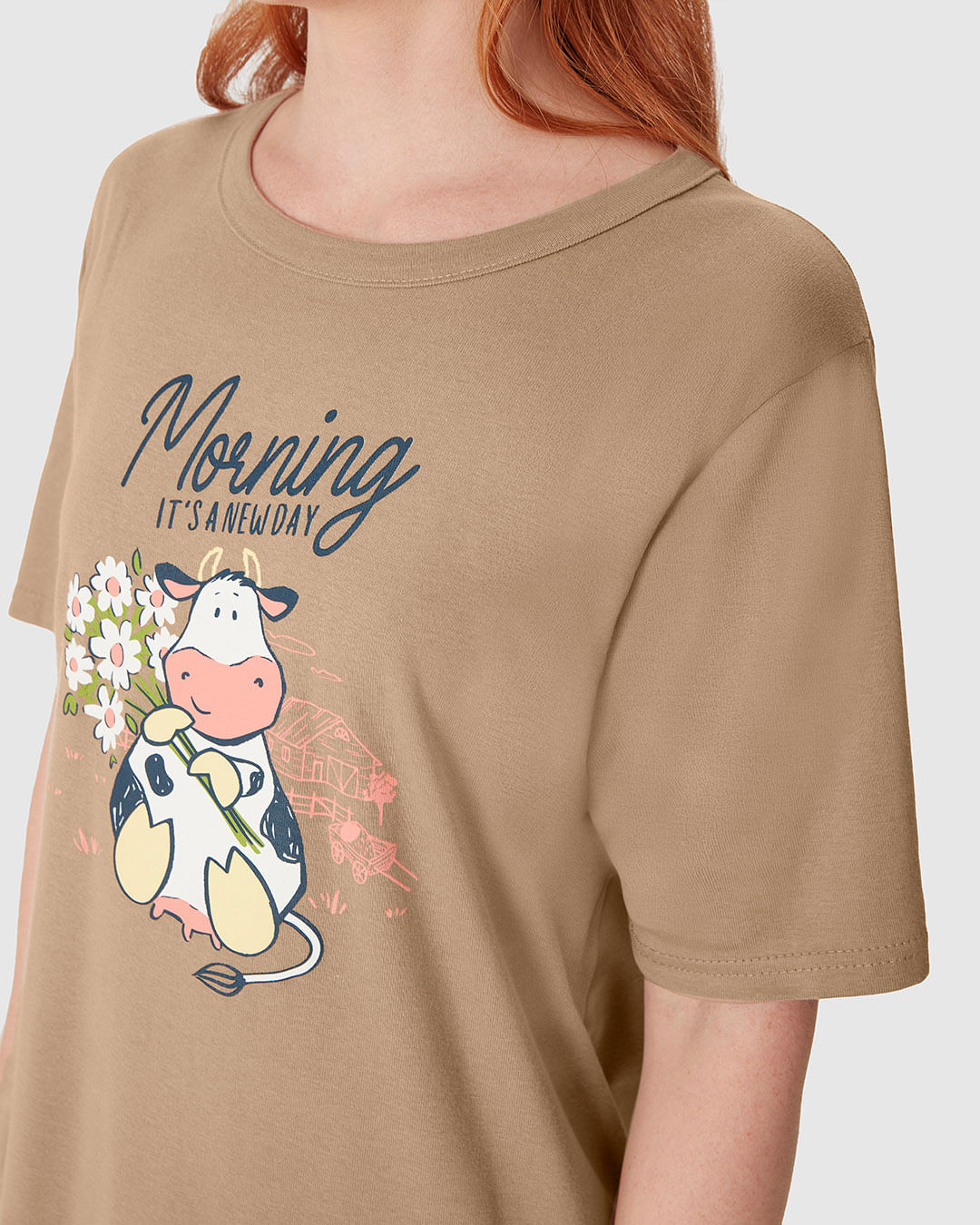 Camisola Feminina Manga Curta Estampa Frontal Em Algodão - Imagem 3