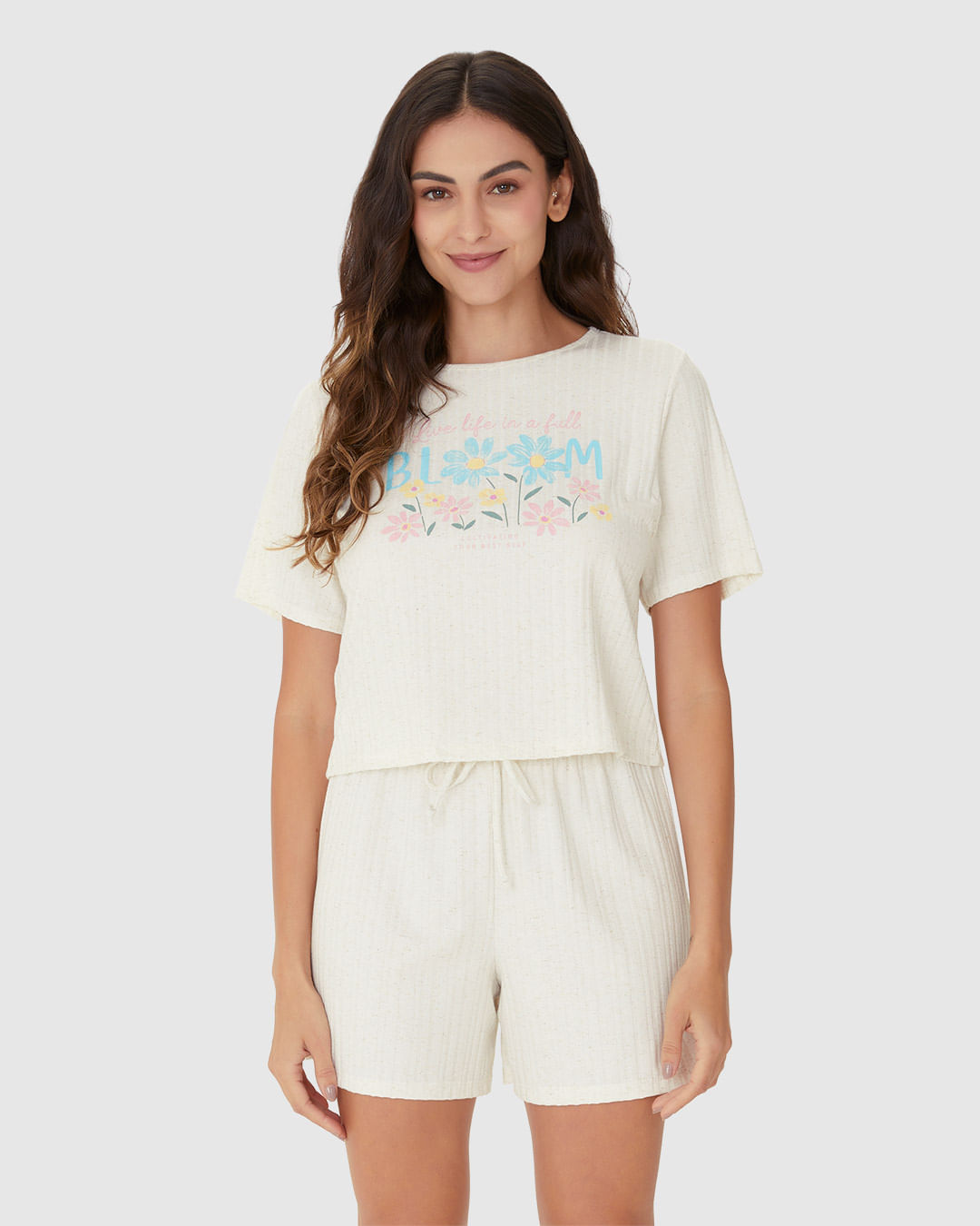 Pijama Feminino Blusa Estampa Frontal Em Malha Linho Canelada - Imagem 19