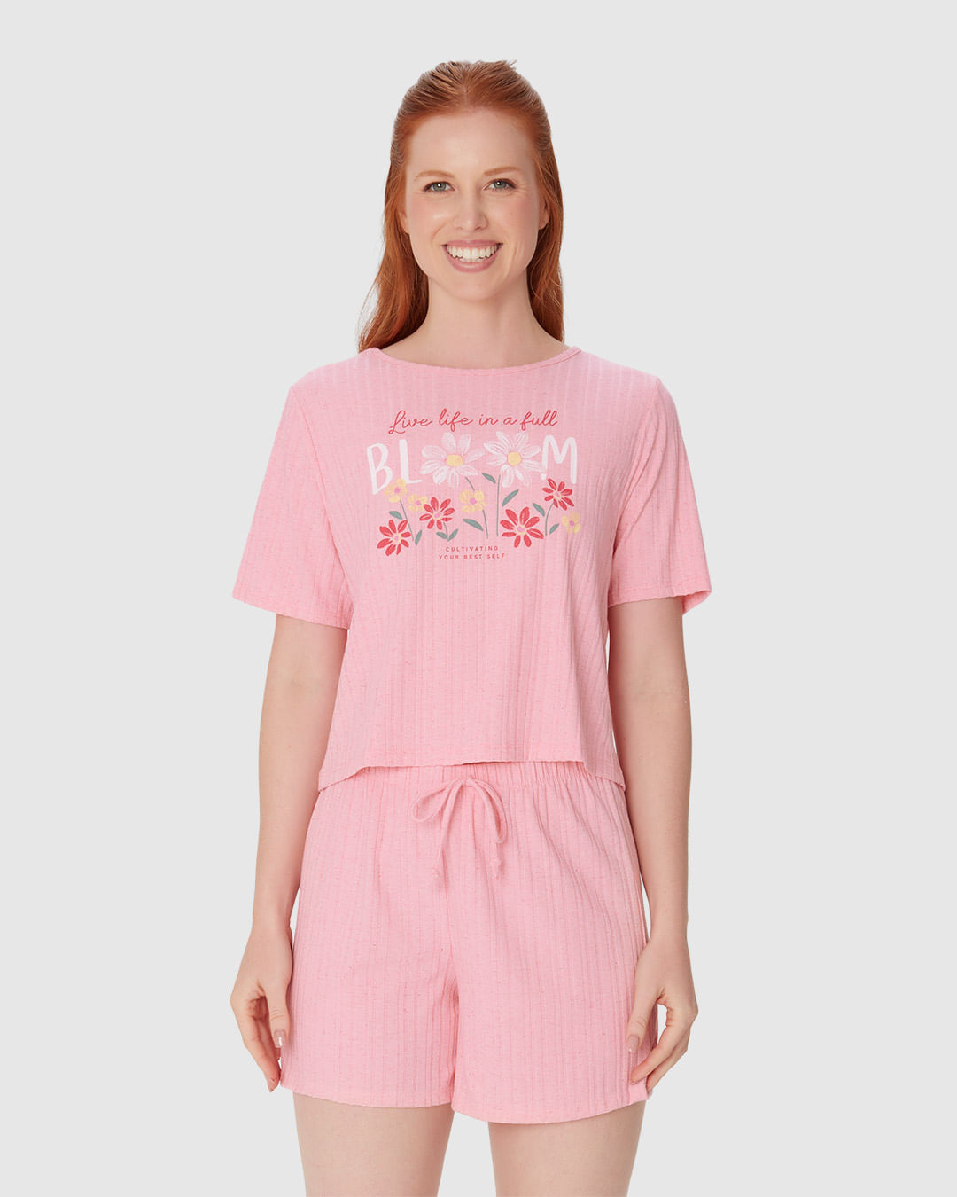 Pijama Feminino Blusa Estampa Frontal Em Malha Linho Canelada - Imagem 9