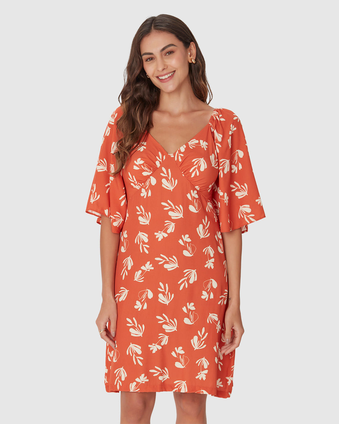 Vestido Feminino Evasê Decote V Manga Curta Em Viscose - Imagem 14