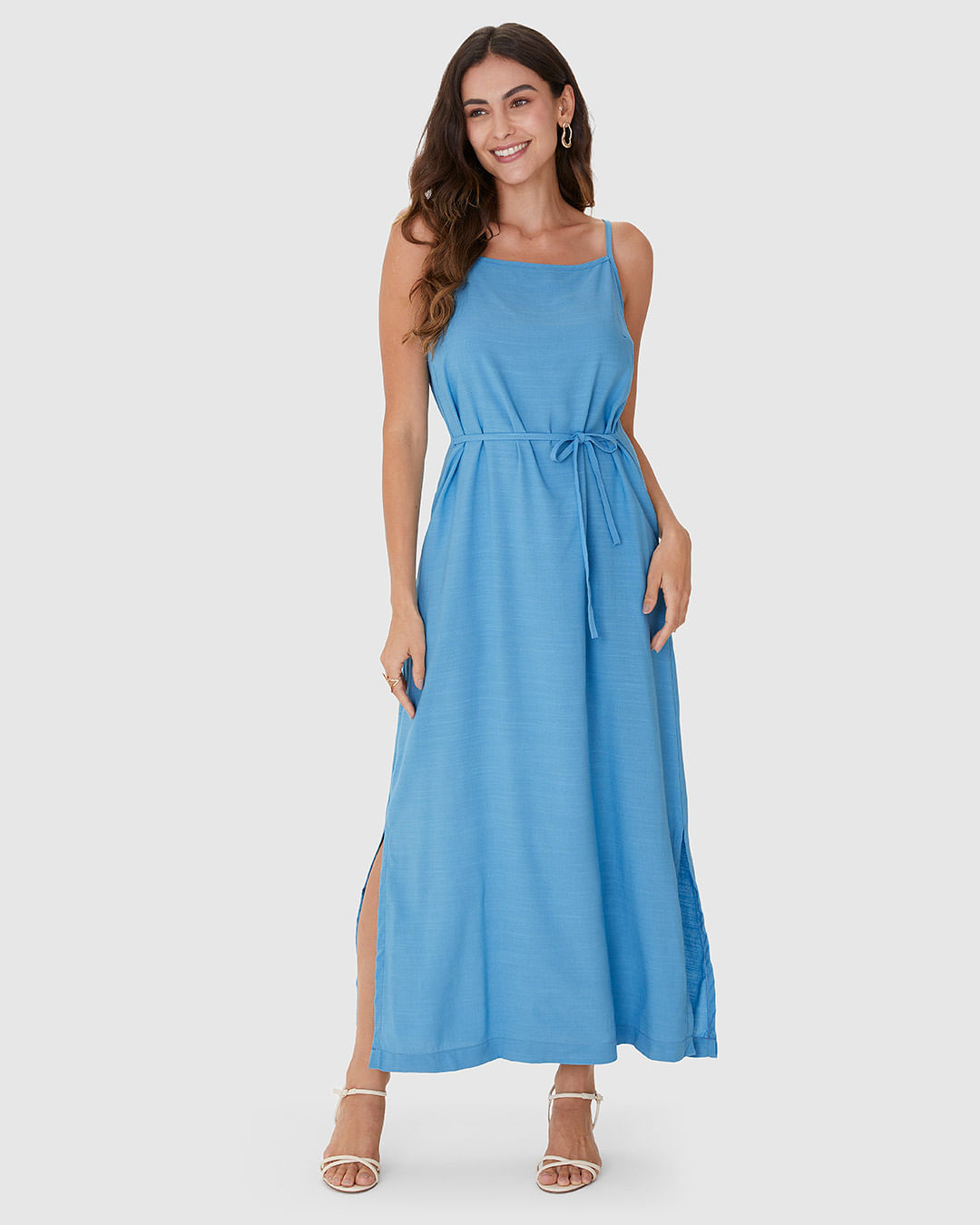 Vestido Midi Feminino Decote Reto E Fenda Lateral Em Viscolinho - Imagem 14