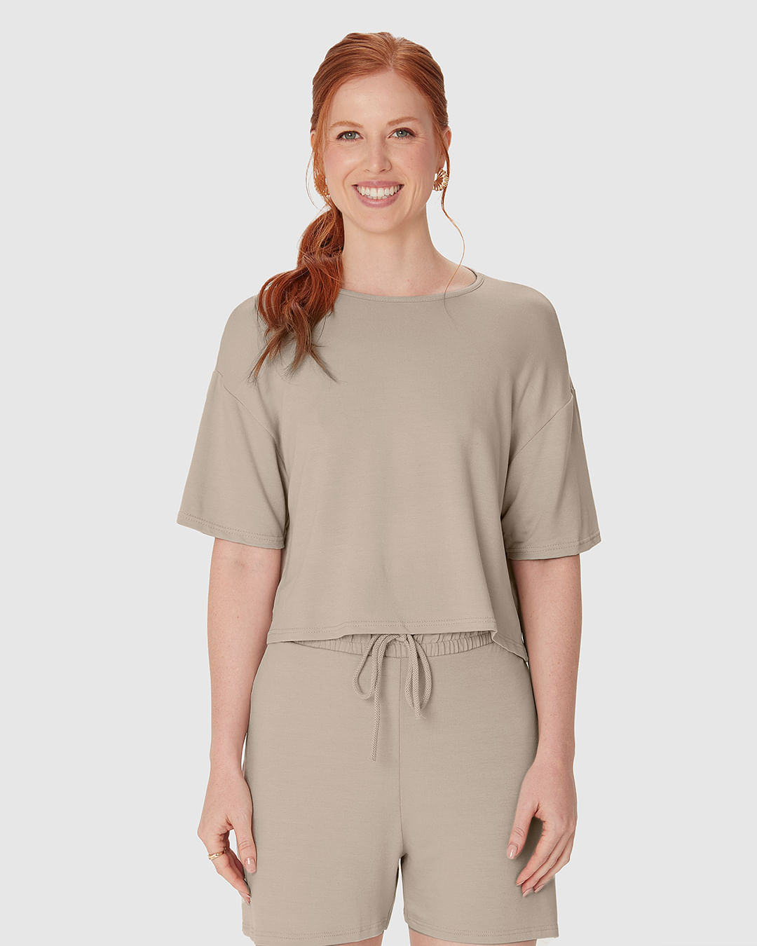 Blusa Ampla Feminina Manga Curta Em Malha Tweed E Moletinho - Imagem 4