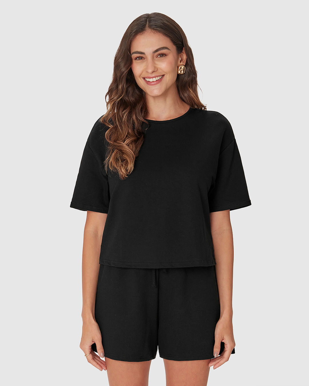 Blusa Ampla Feminina Manga Curta Em Malha Tweed E Moletinho - Imagem 24