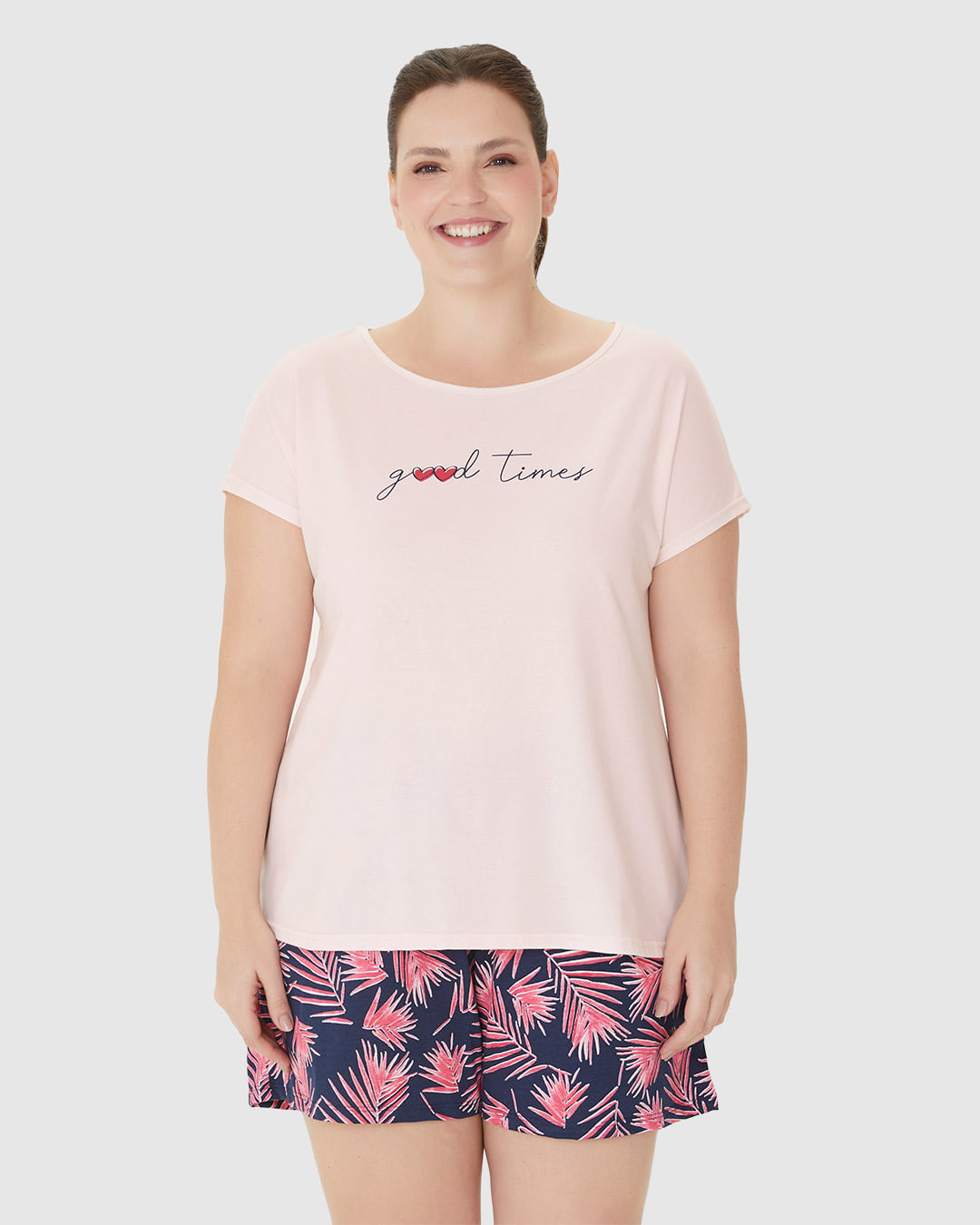 Pijama Feminino Plus Size Blusa Manga Curta E Shorts Em Algodão - Imagem 24