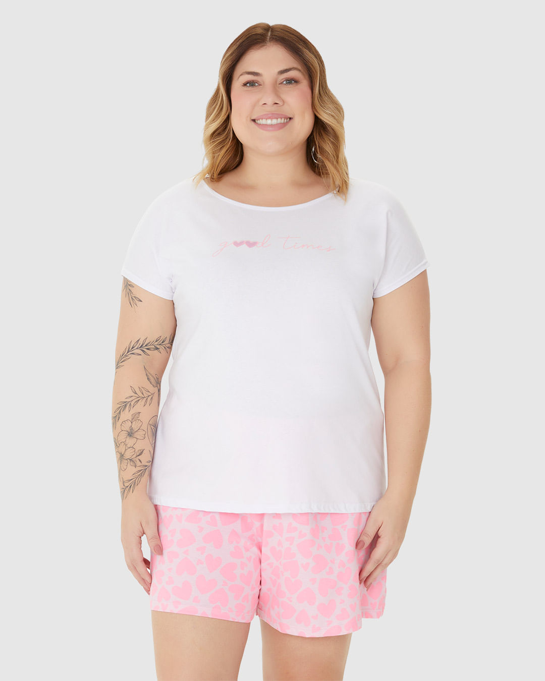 Pijama Feminino Plus Size Blusa Manga Curta E Shorts Em Algodão - Imagem 24