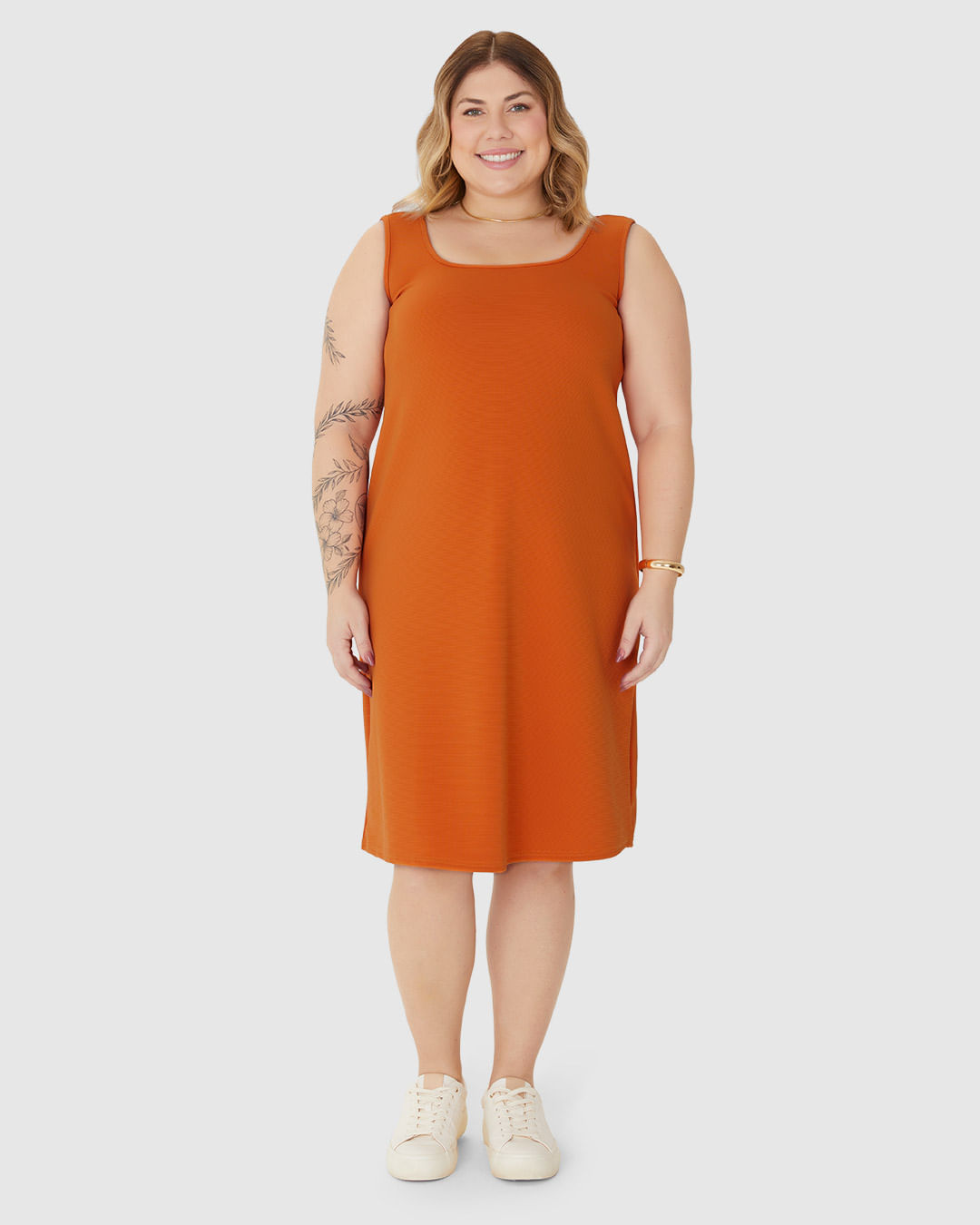 Vestido Feminino Plus Size Decote U Sem Manga Em Malha Canelada Gorgurinho - Imagem 24