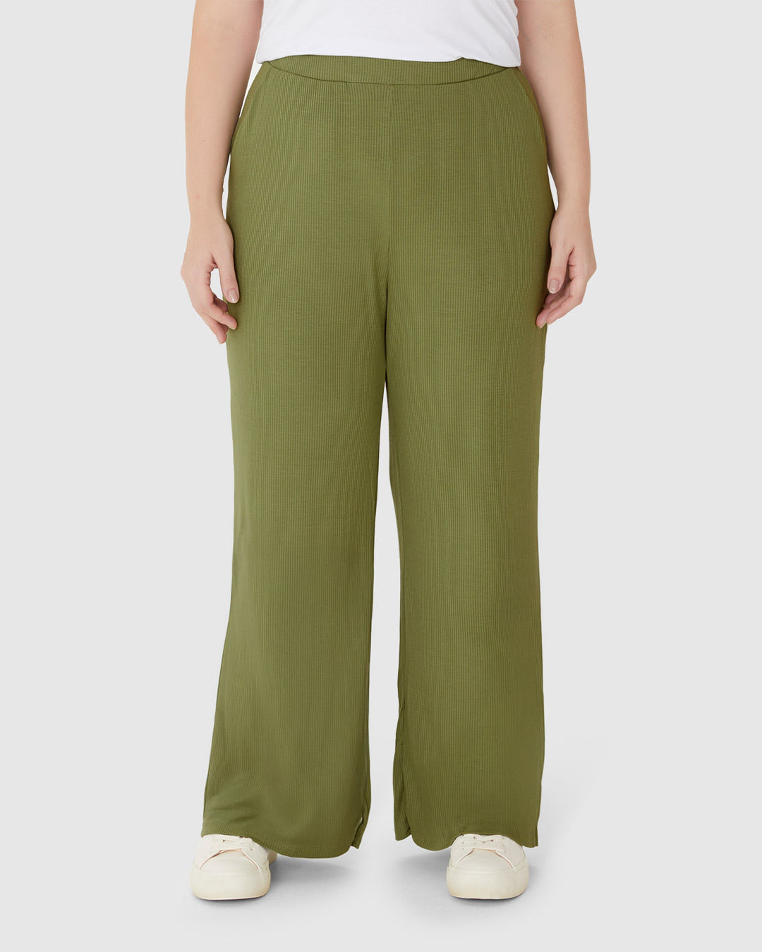 Calça Wide Leg Feminina Plus Size Em Malha Viscose Canelada - Imagem 4