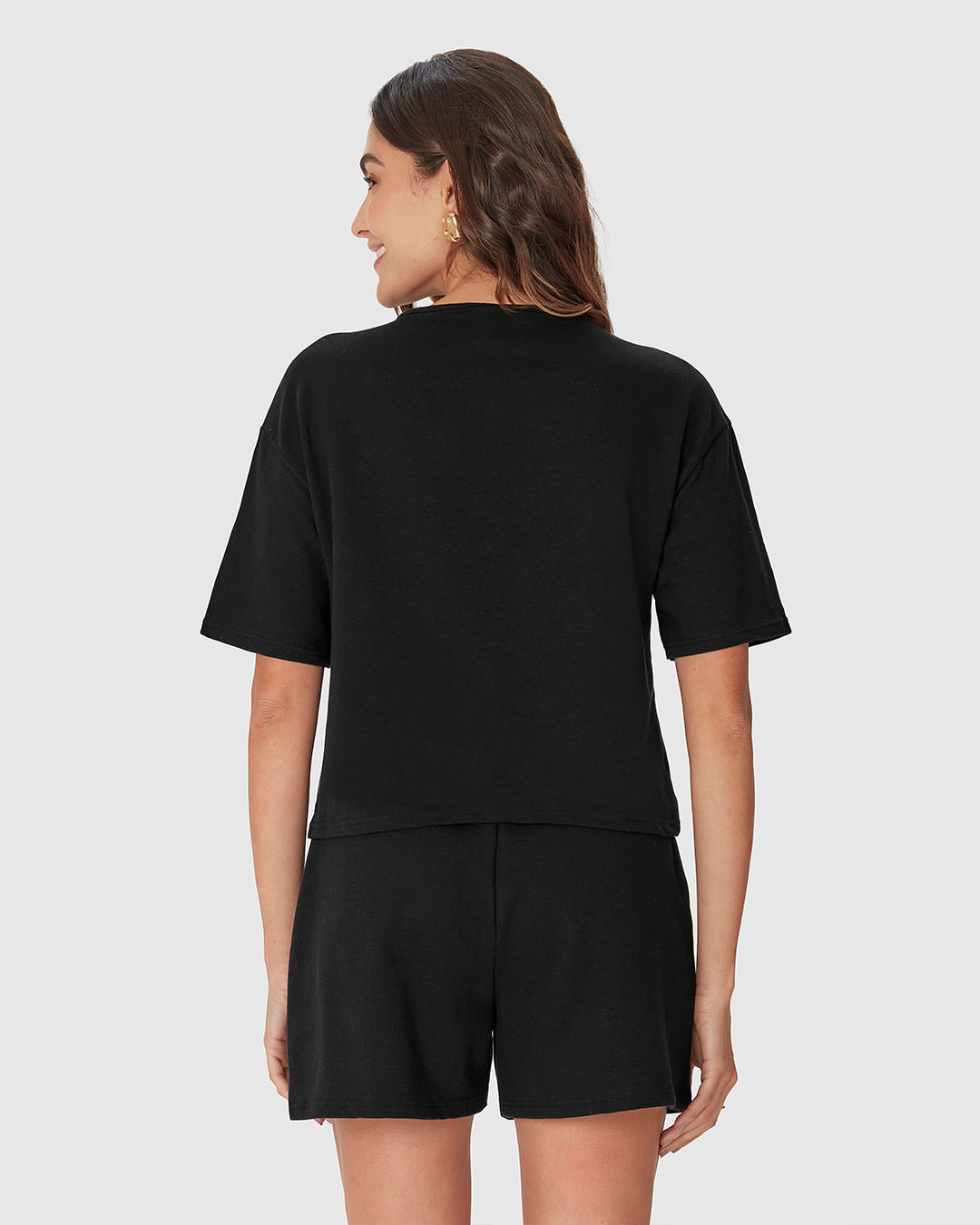 Blusa Ampla Feminina Manga Curta Em Malha Tweed E Moletinho - Imagem 15