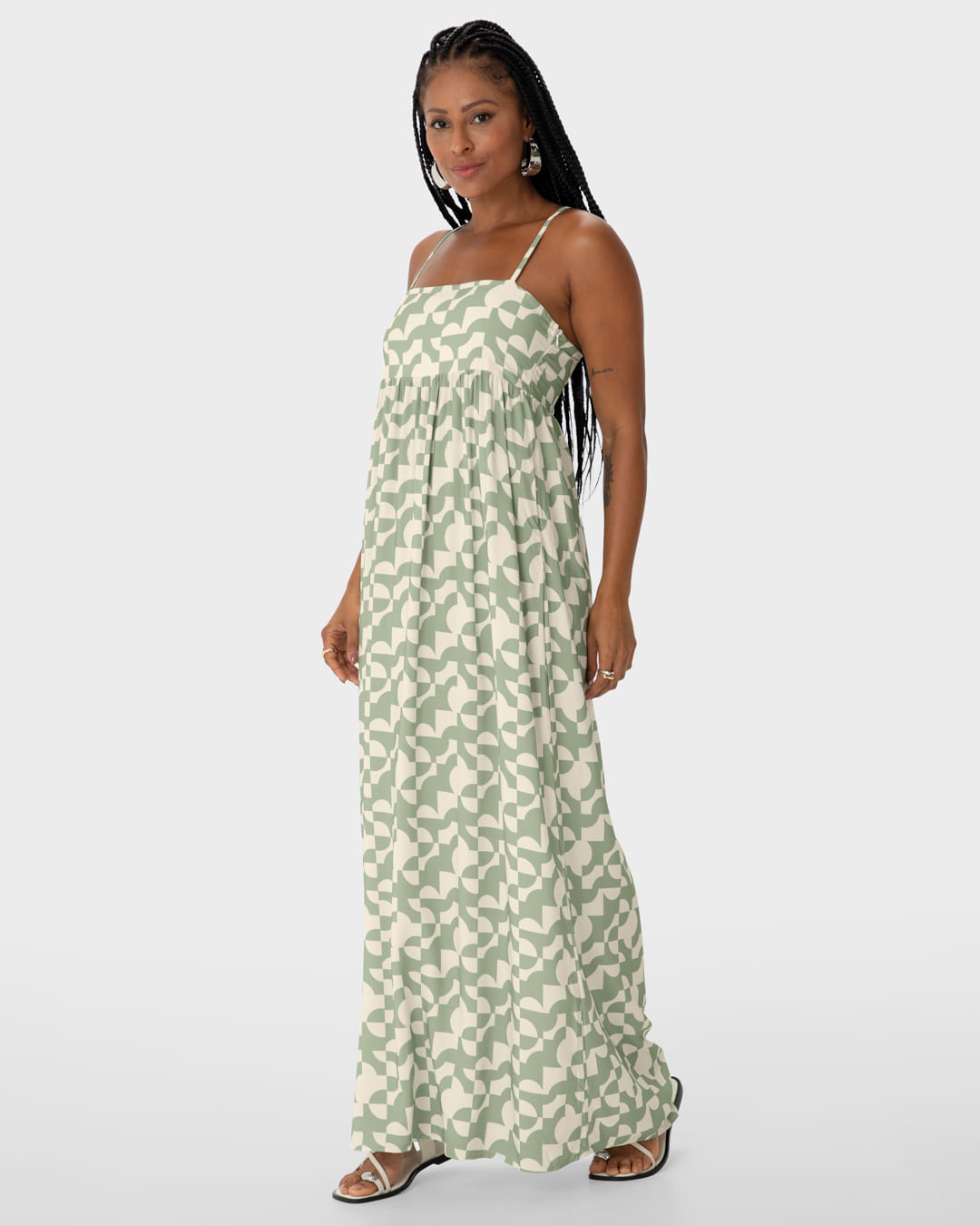 Vestido Longo Feminino Estampa Geométrica Decote Reto Em Viscose - ENFIM