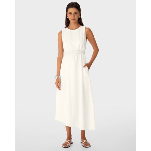 Vestido Midi Feminino com Cinto e Barra Assimétrica em Crepe de Viscose - ENFIM