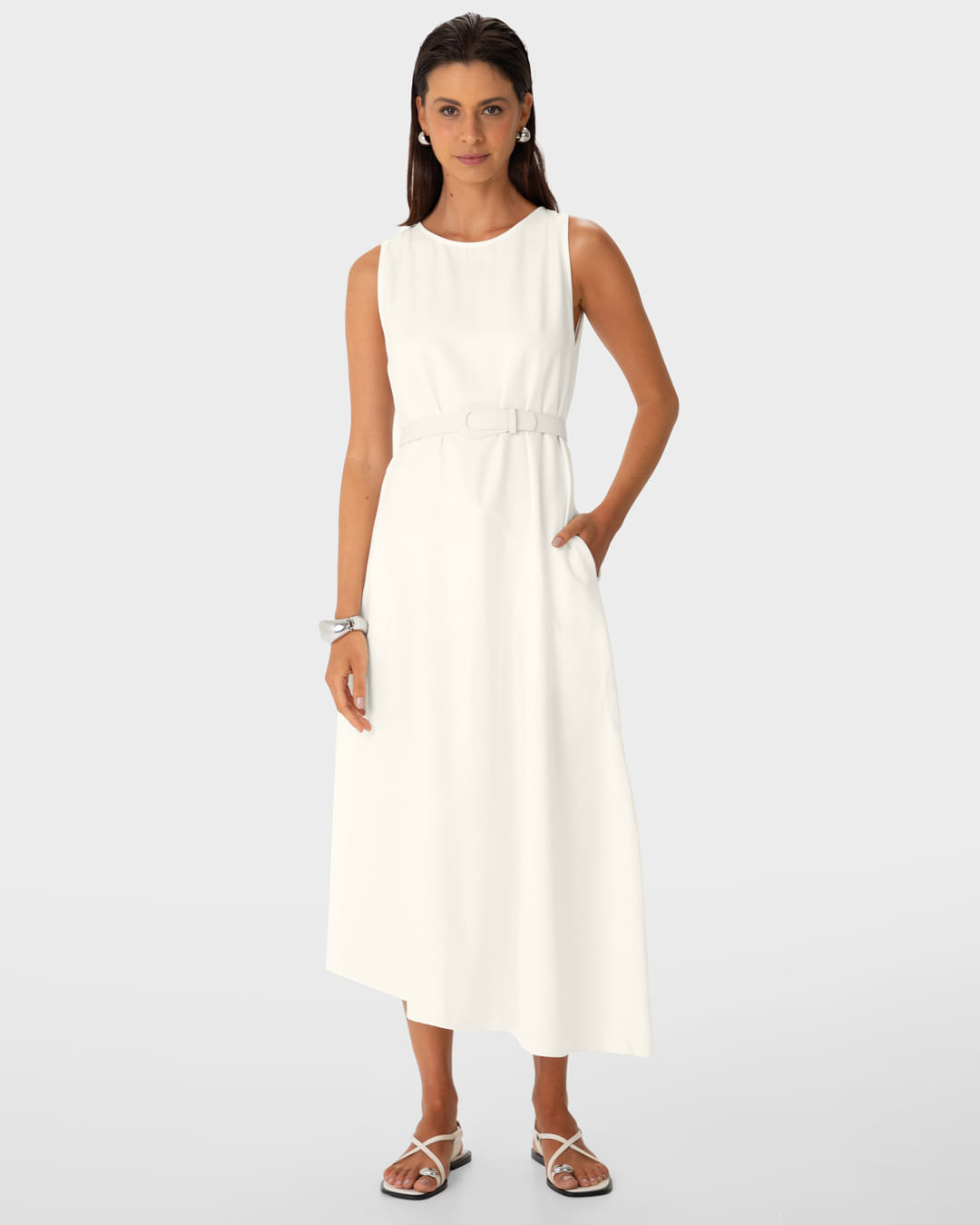 Vestido Midi Feminino Com Cinto E Barra Assimétrica Em Crepe De Viscose - ENFIM - Imagem 7