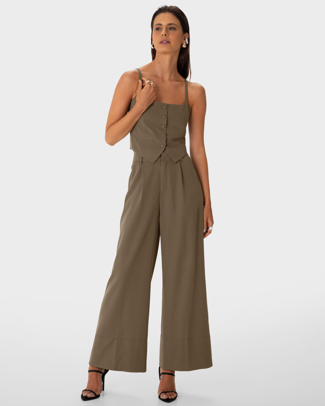 Calça Wide Leg Cropped Feminina Em Viscose Sarjada - ENFIM