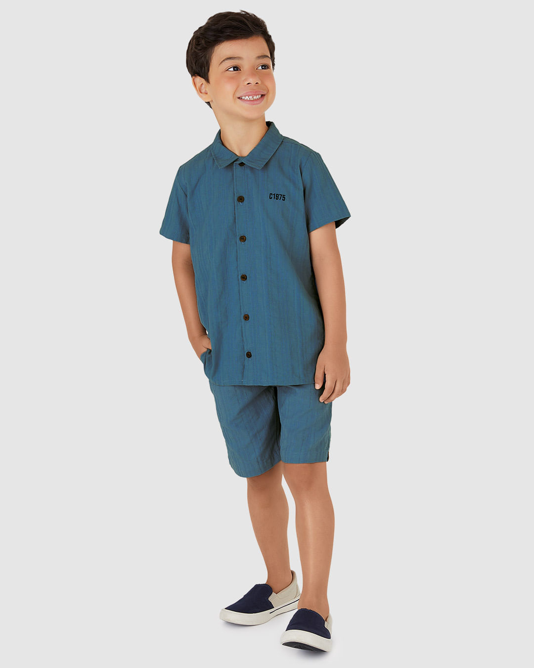 Conjunto Menino Camisa Manga Curta e Bermuda em Linho Texturizado - Carinhoso