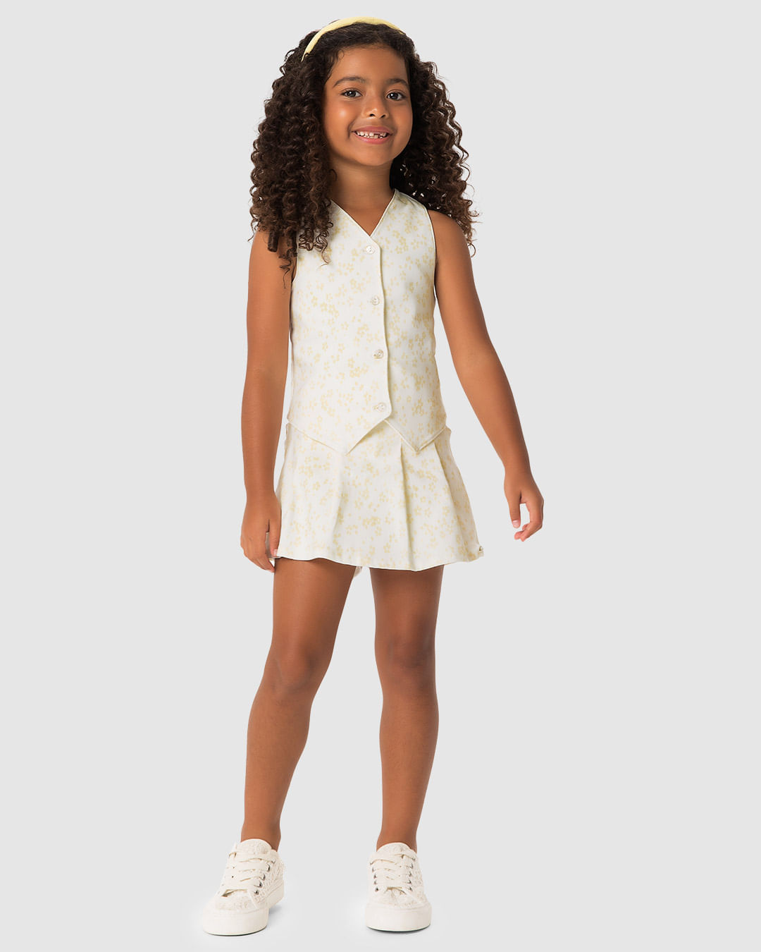 Conjunto Menina Colete E Shorts Saia Estampa Floral Em Bengaline - Carinhoso