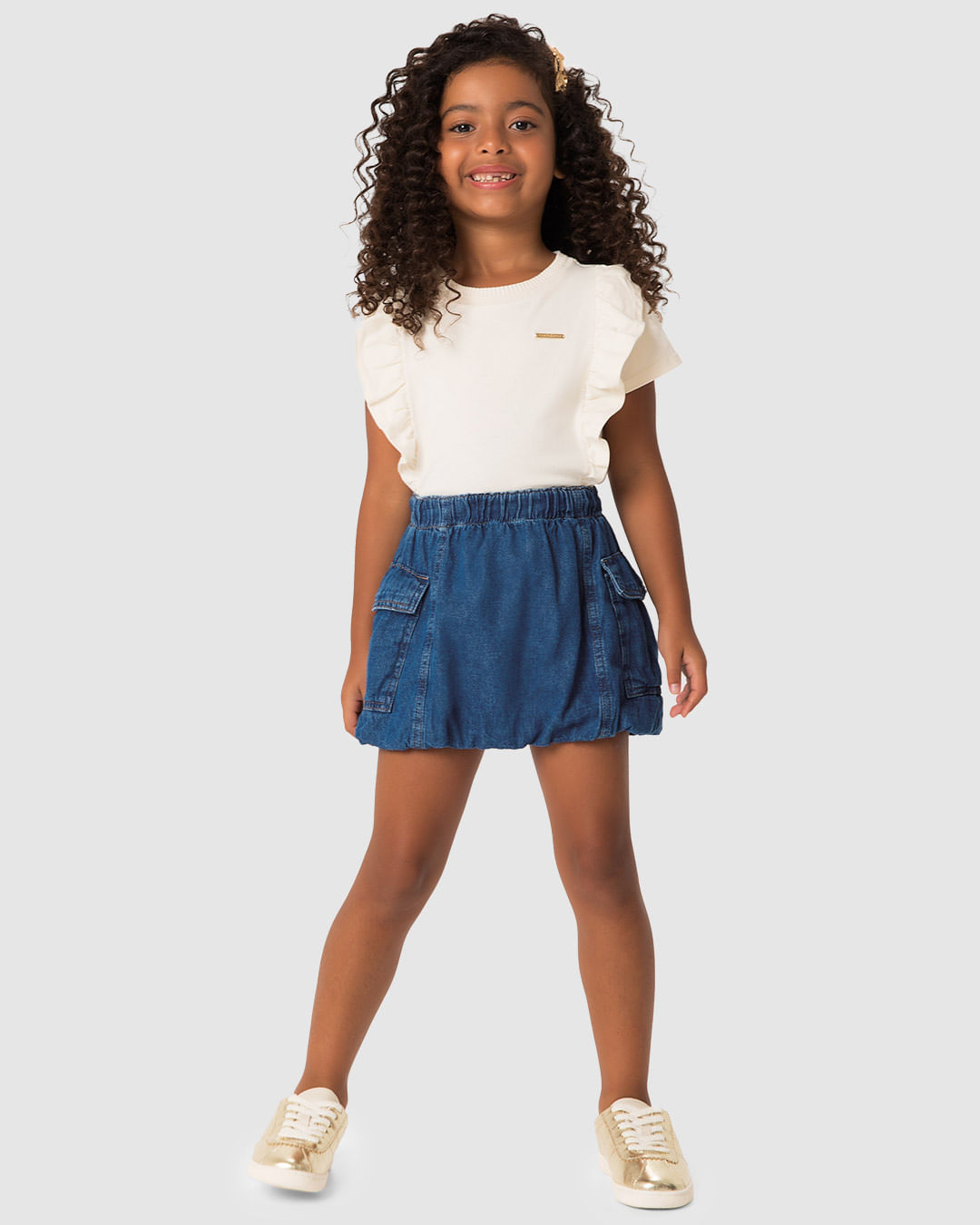 Saia Menina Balonê Bolso Lateral Em Jeans 100% Algodão - Carinhoso - Imagem 7