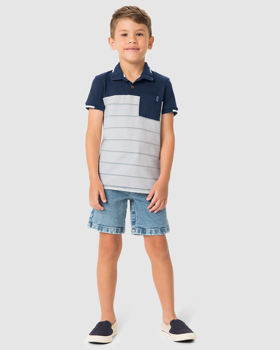 Camisa Polo Menino Estampa Listrada e Bolso Funcional em Algodão - Carinhoso