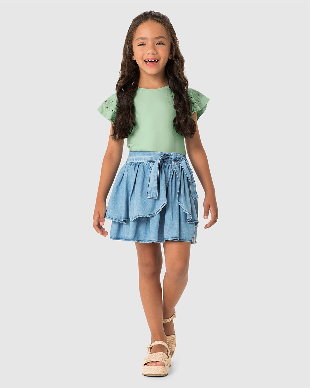 Conjunto Menina Blusa E Saia Faixa Laço Em Jeans Leve - Carinhoso - Imagem 16