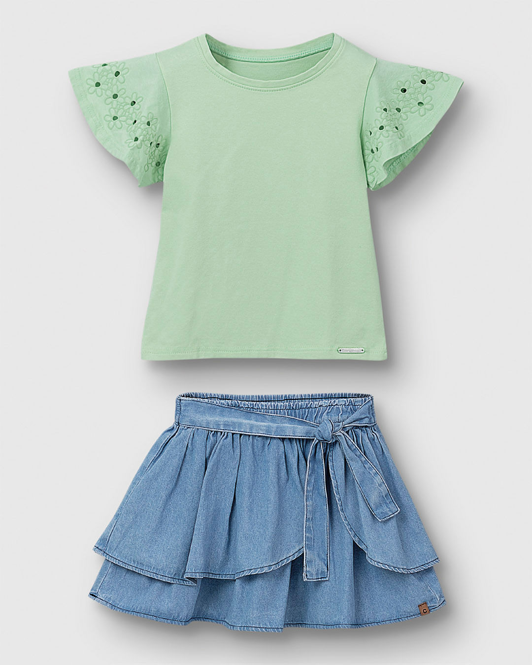 Conjunto Menina Blusa E Saia Faixa Laço Em Jeans Leve - Carinhoso - Imagem 14