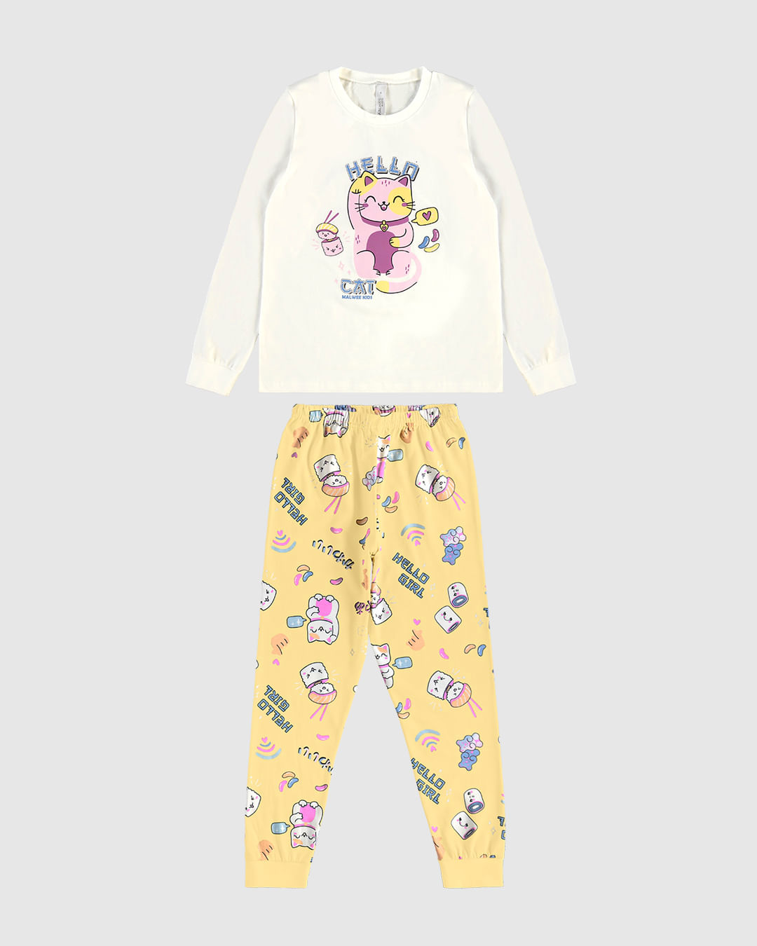 Pijama Longo Infantil Menina Hello Cat Em Algodão Malwee Kids - Imagem 2