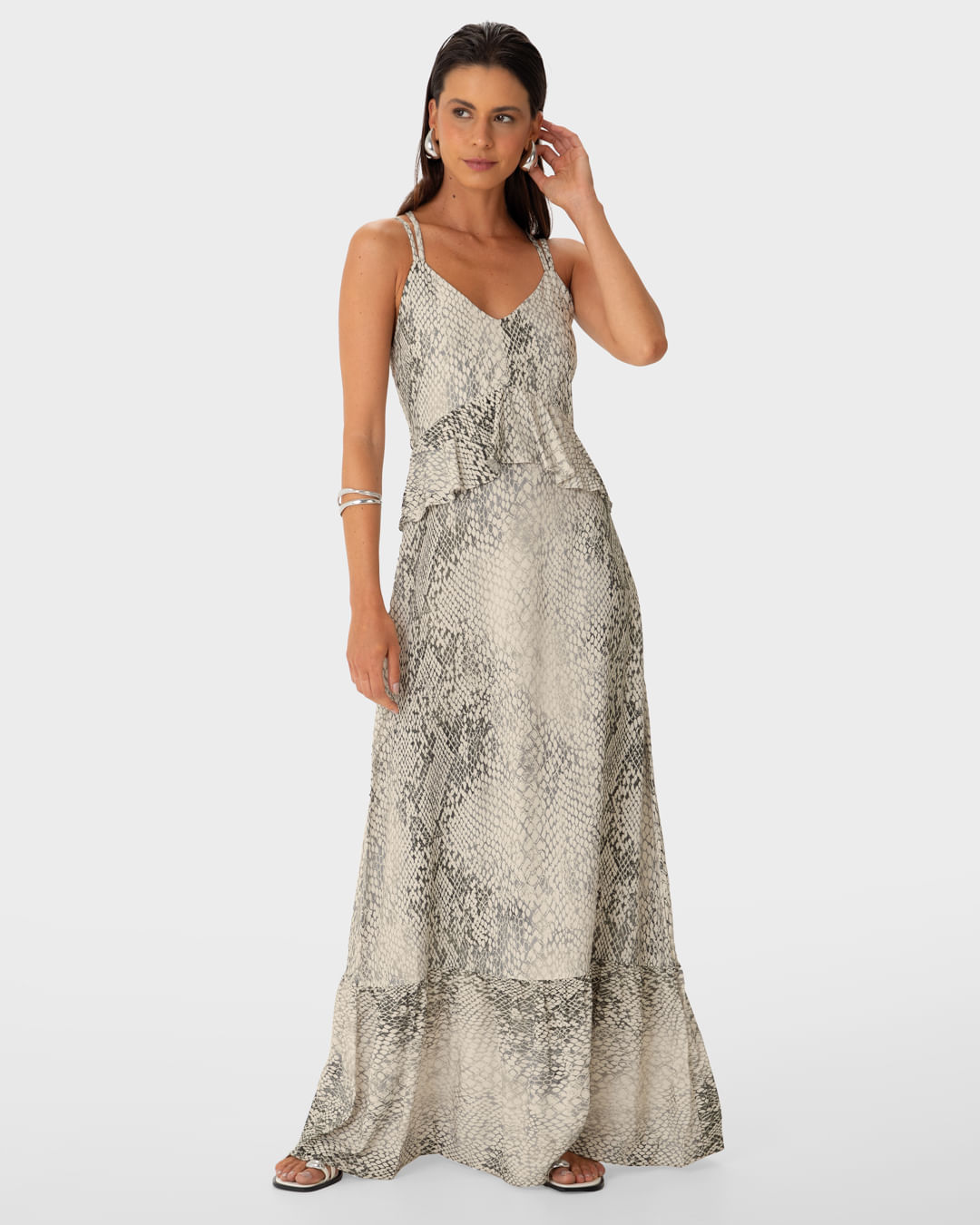 Vestido Longo Feminino Evasê Babados Snake Print Em Viscose - ENFIM - Imagem 7