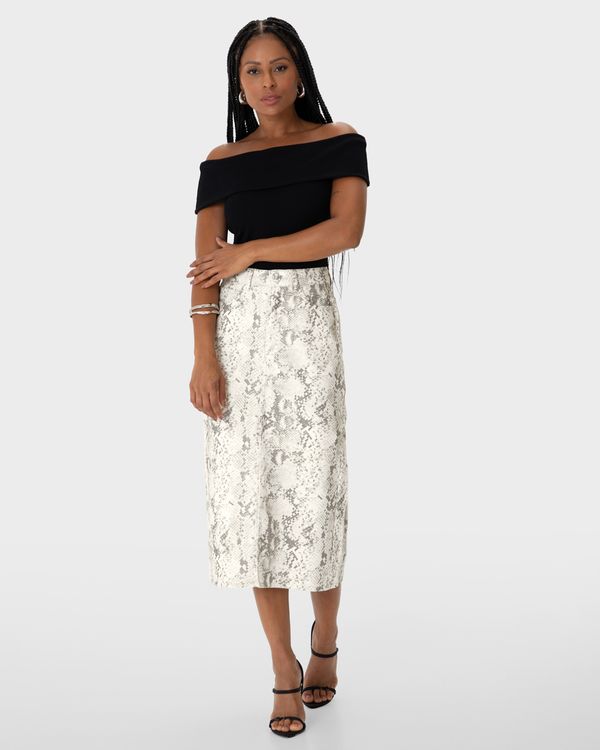 Saia Longa Feminina Fenda Frontal Snake Print Em Sarja - ENFIM Off White - 40
