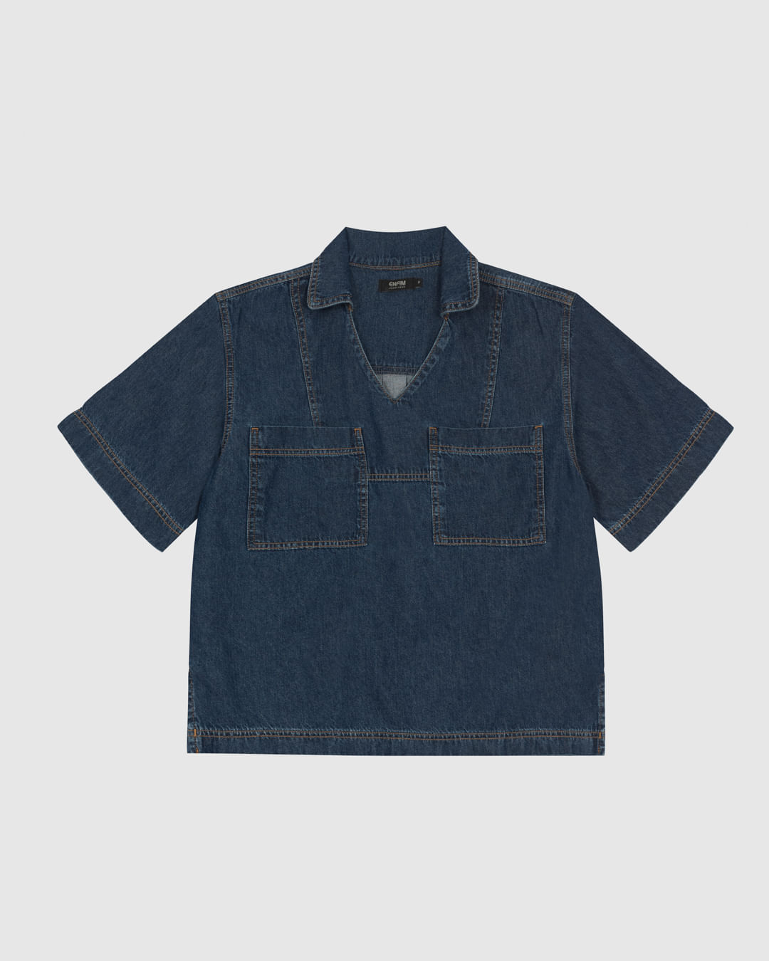Blusa Ampla Feminina Gola V Bolso Frontal em Jeans Leve - ENFIM