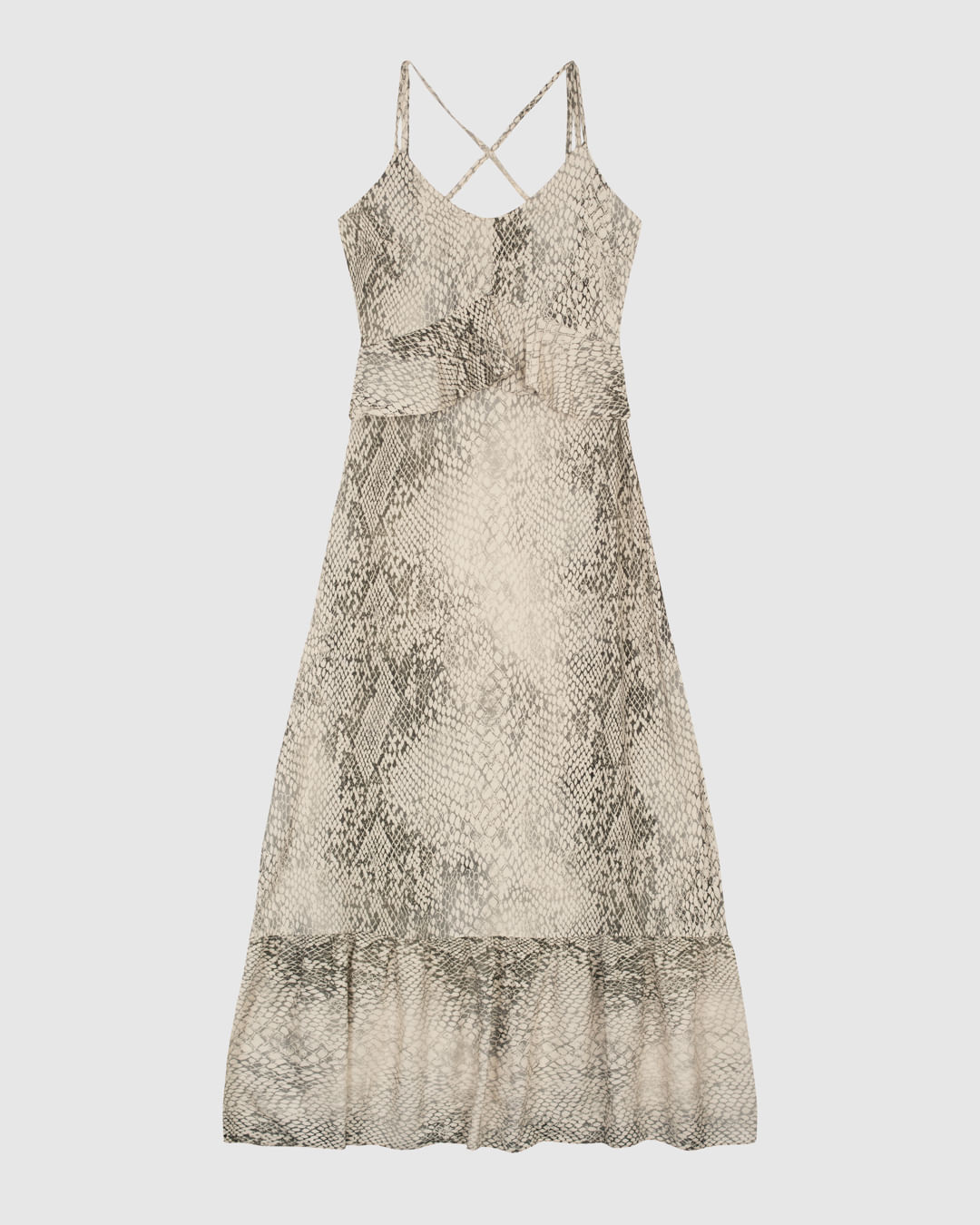Vestido Longo Feminino Evasê Babados Snake Print Em Viscose - ENFIM - Imagem 5