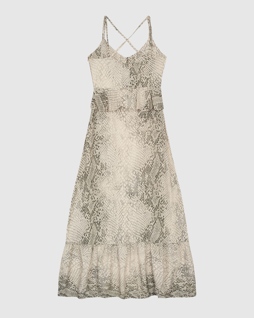 Vestido Longo Feminino Evasê Babados Snake Print Em Viscose - ENFIM - Imagem 6