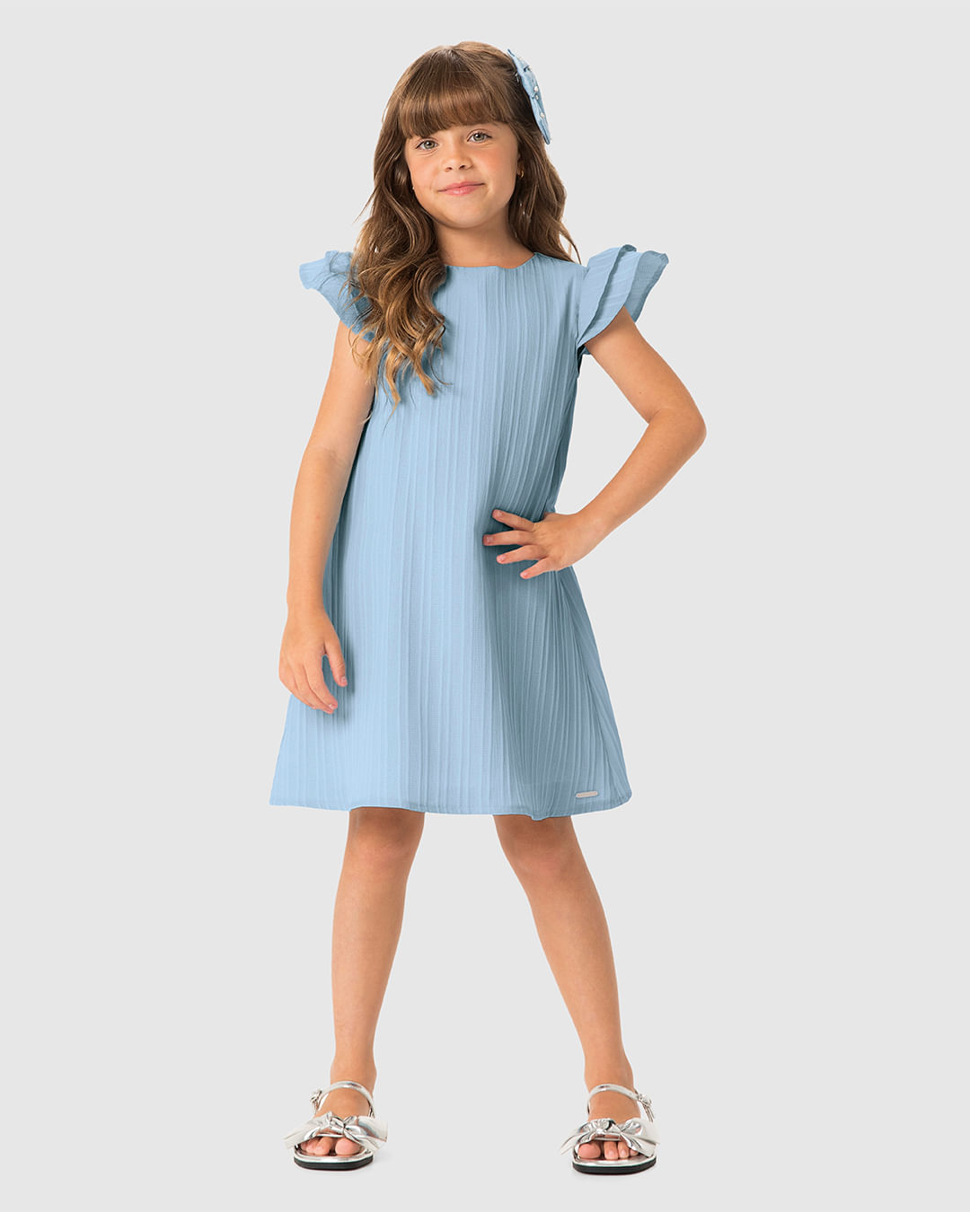 Vestido Menina Evasê Abertura Gota Costas Em Tecido Plissado - Carinhoso