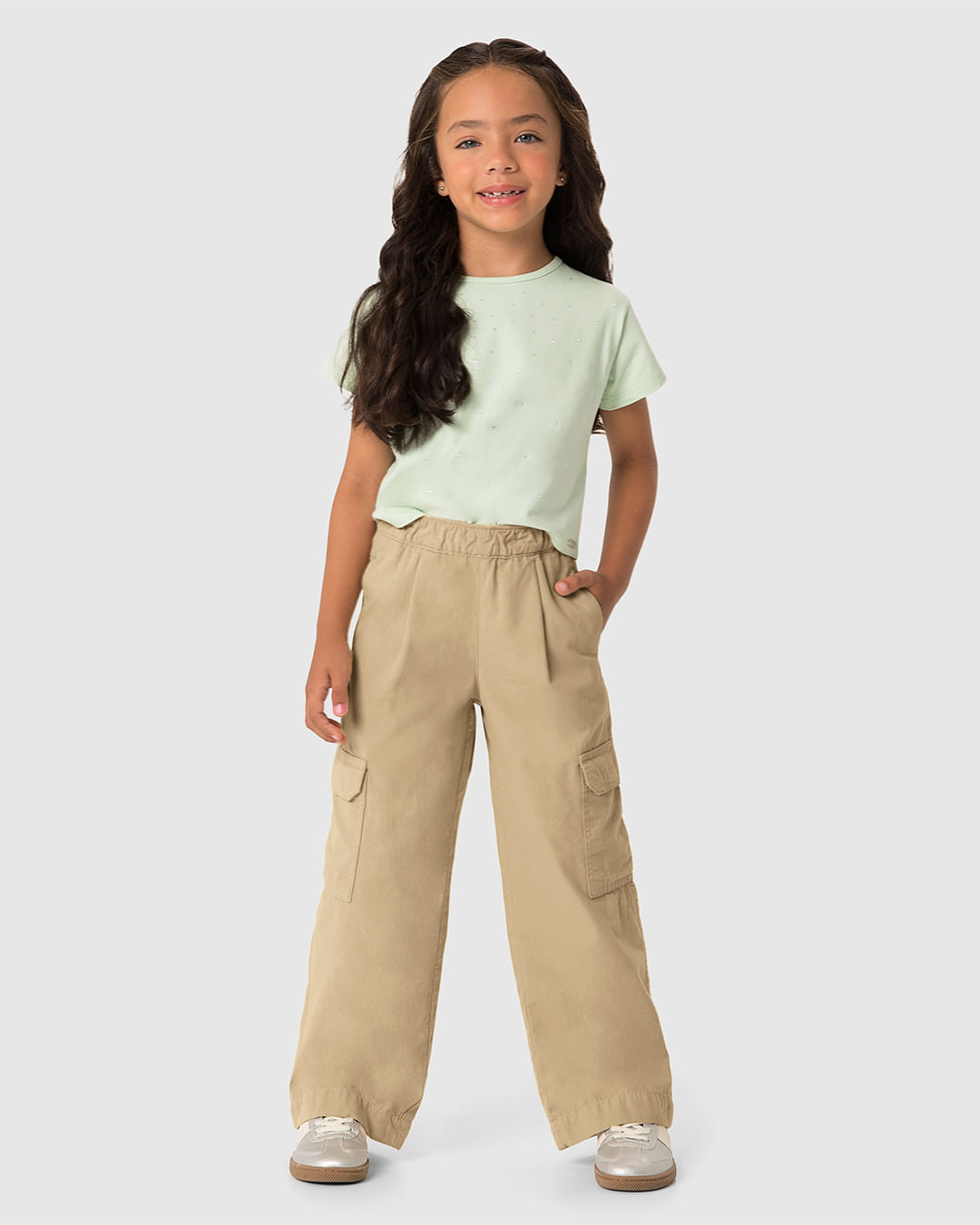 Calça Menina Wide Leg Bolso Cargo Em Sarja 100% Algodão - Carinhoso - Imagem 16