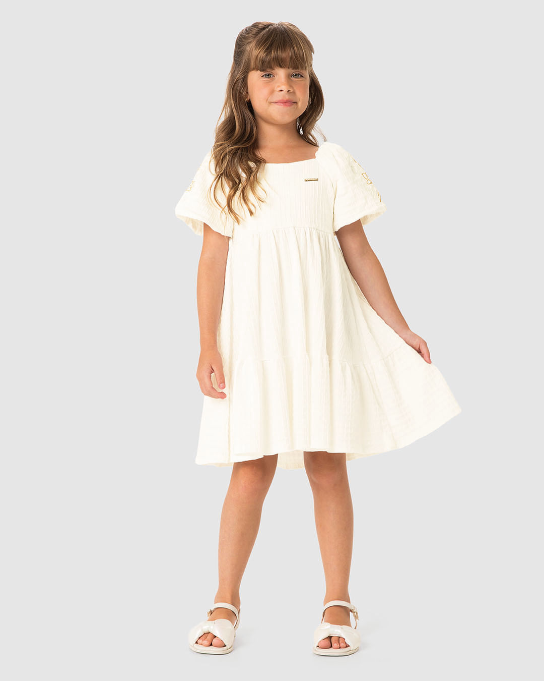 Vestido Menina Estampa Metalizada Na Manga Em Malha Texturizada - Carinhoso