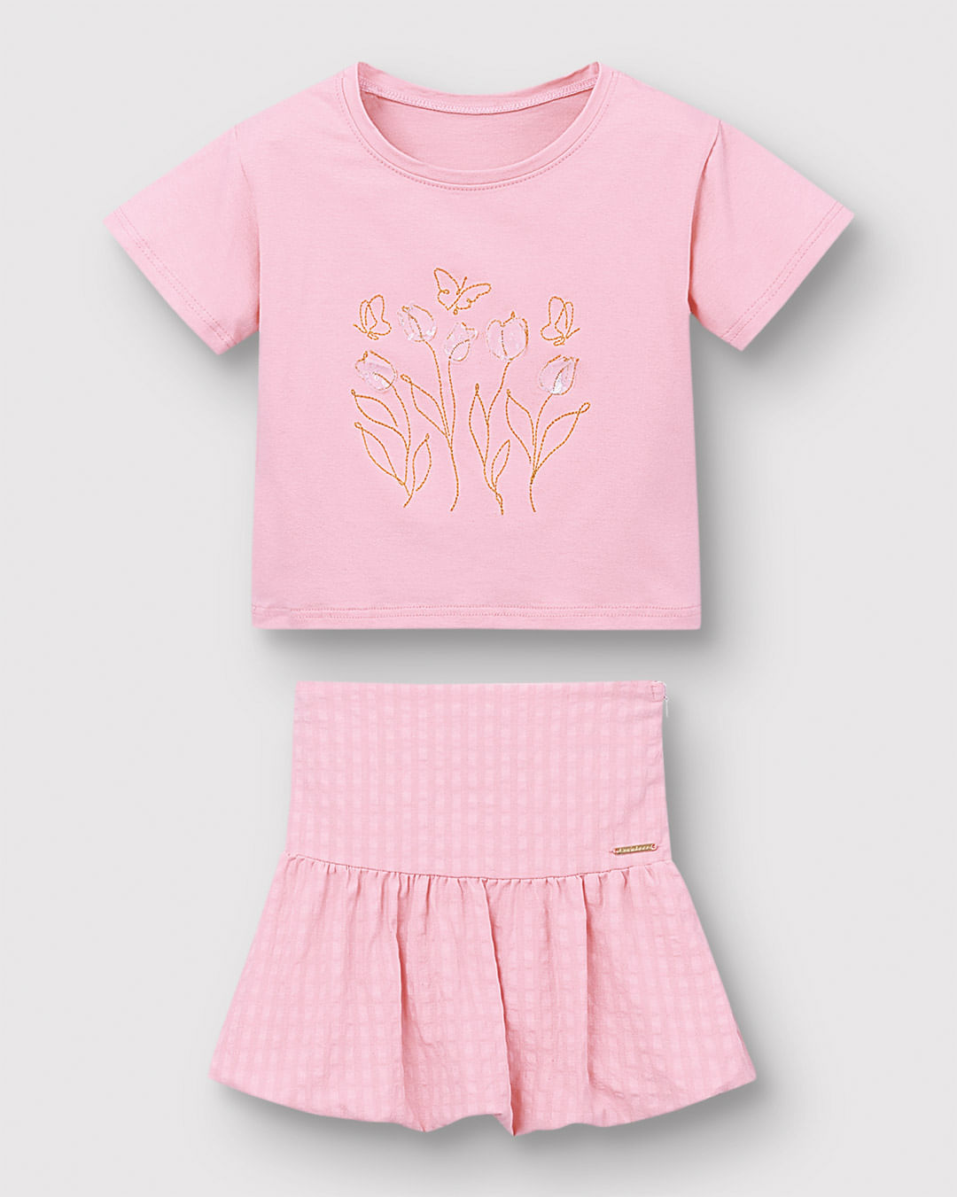 Conjunto Menina Blusa Bordado com Aplique e Saia Balonê - Carinhoso