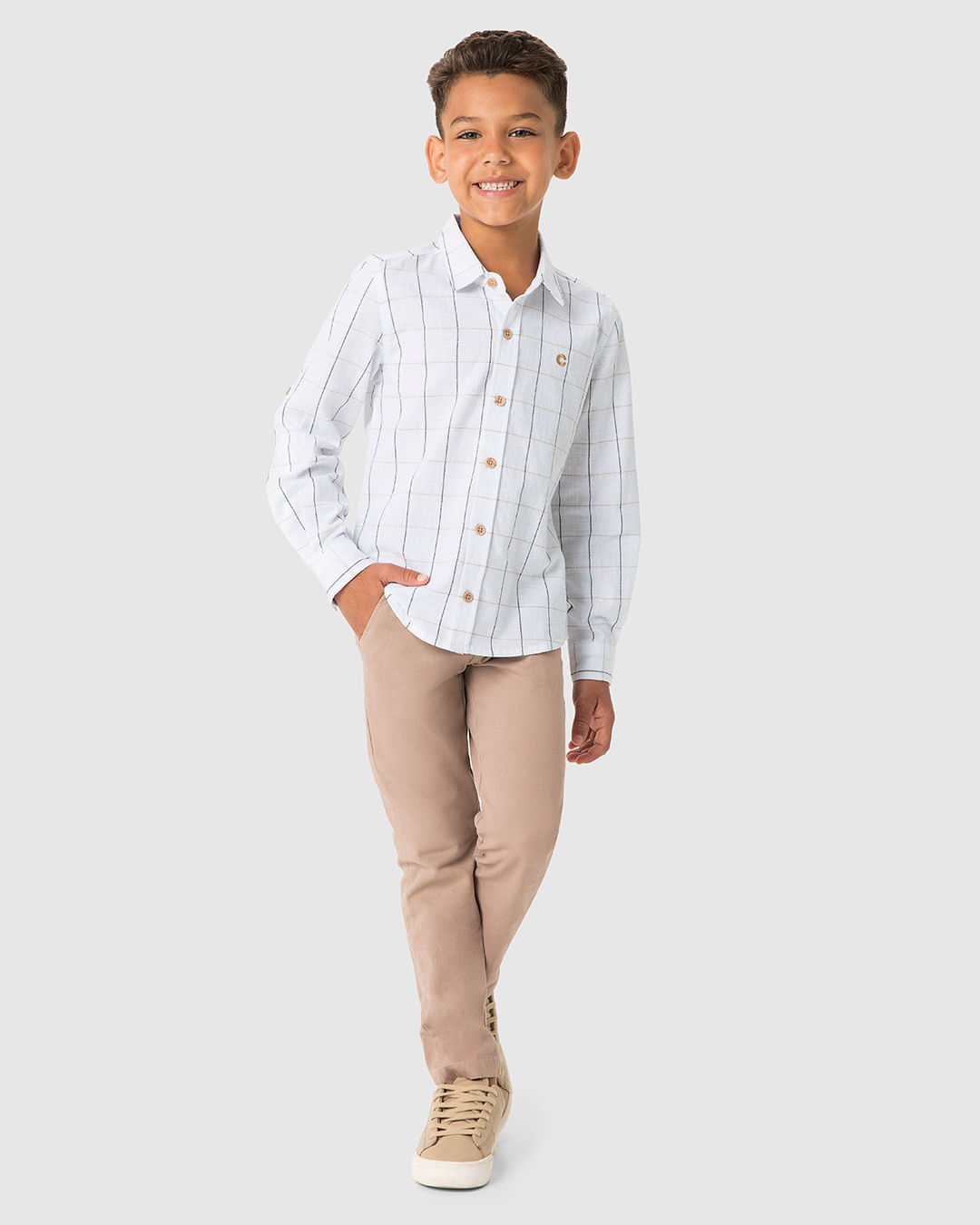 Camisa Menino Estampa Quadriculada Em Algodão Texturizado - Carinhoso - Imagem 4