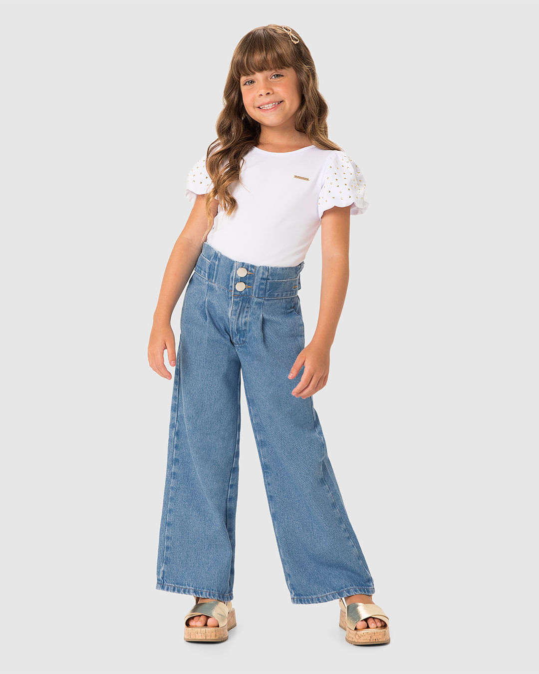 Calça Menina Wide Leg Cintura Ajustável Em Jeans 100% Algodão - Carinhoso