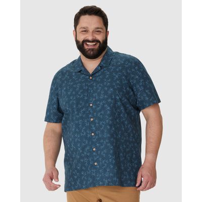 Camisa Masculina Plus Size Estampada Manga Curta Em Linho Com Algodão