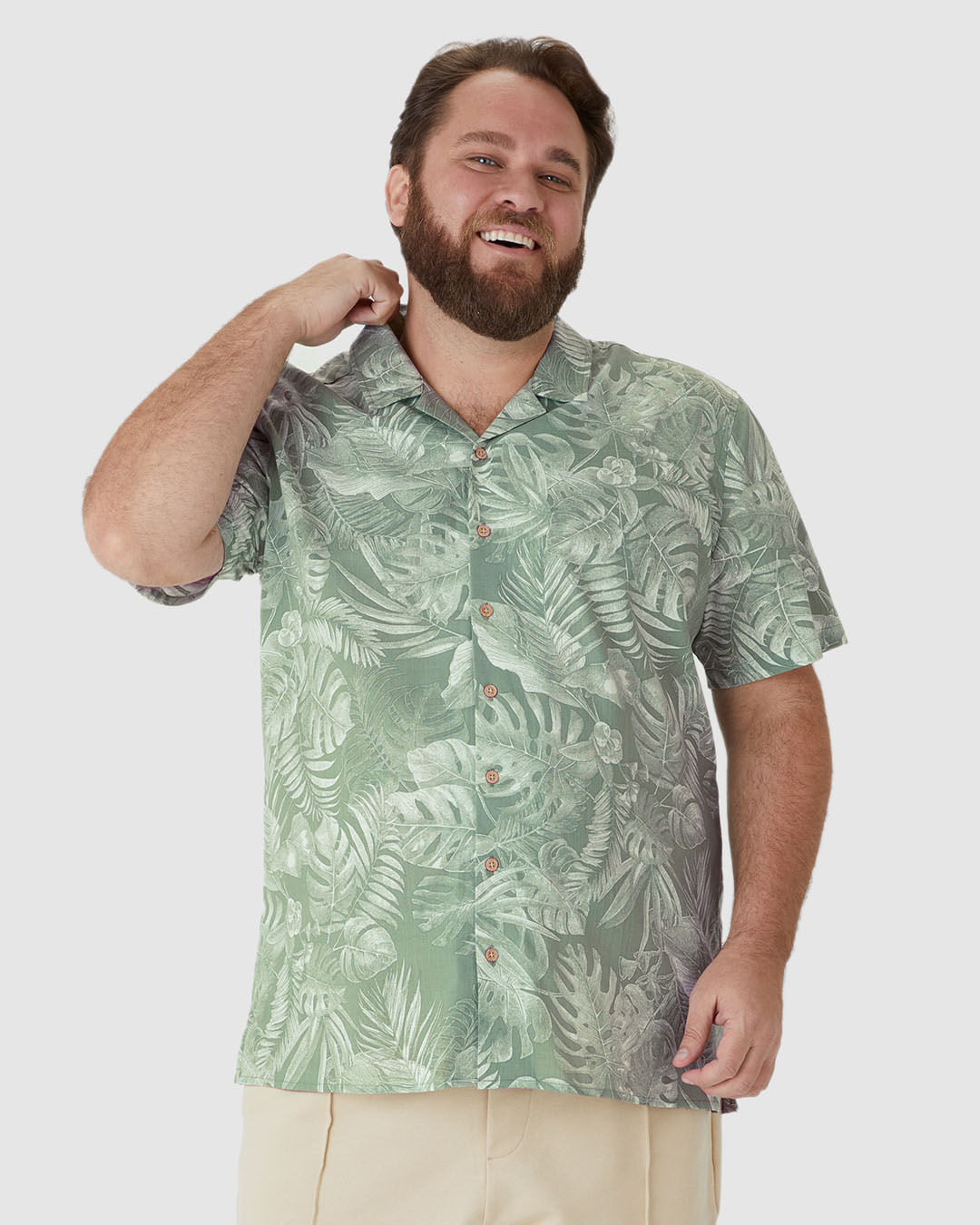 Camisa Masculina Plus Size Estampada Manga Curta Em Linho Com Algodão