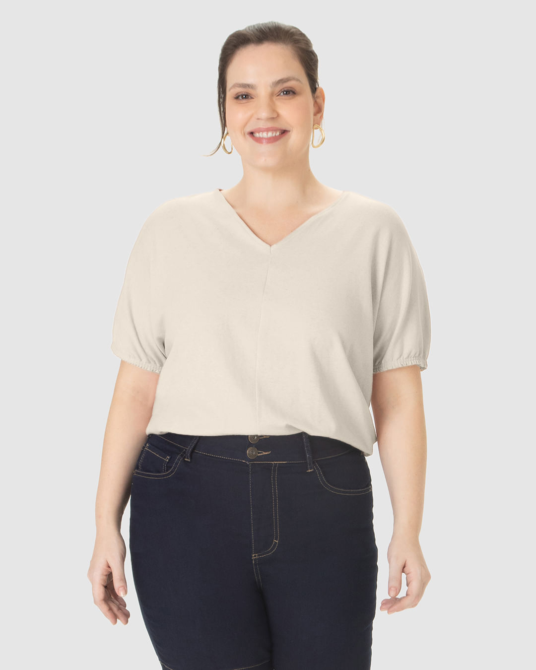 Blusa Feminina Plus Size Ampla Decote V Em Malha Linho - Imagem 11