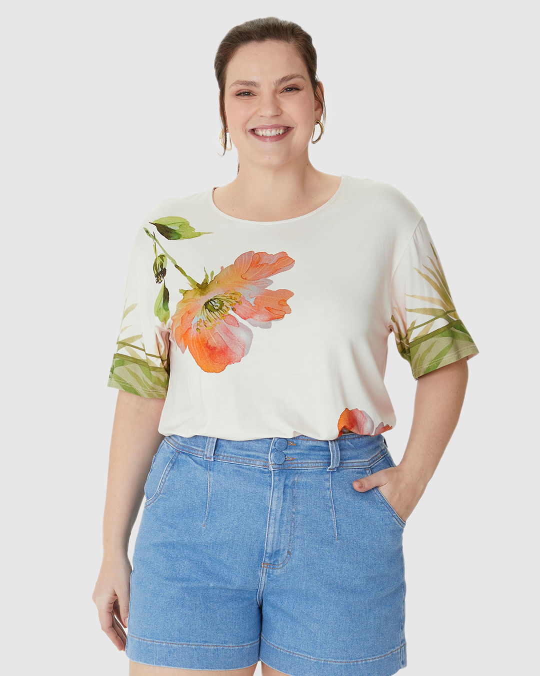 Blusa Feminina Plus Size Ampla Estampa Floral Em Viscose Stretch