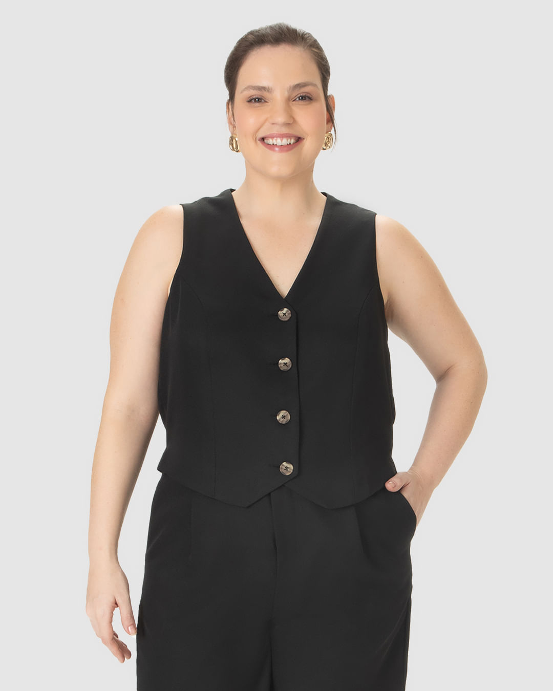 Colete Feminino Plus Size Transpassado Fenda Lateral em Tecido Alfaiataria