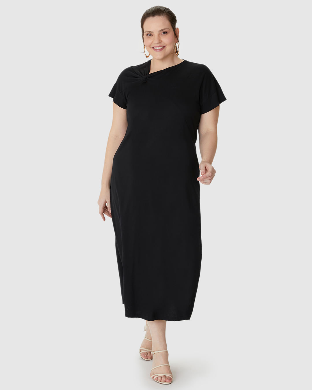 Vestido Longo Feminino Plus Size Decote Detalhe Com Torção Em Algodão - Imagem 6