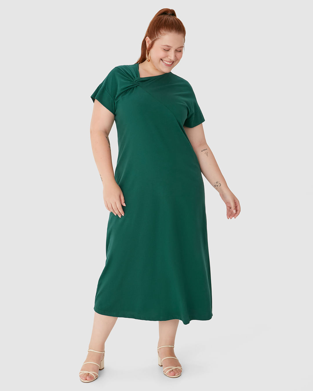 Vestido Longo Feminino Plus Size Decote Detalhe Com Torção Em Algodão
