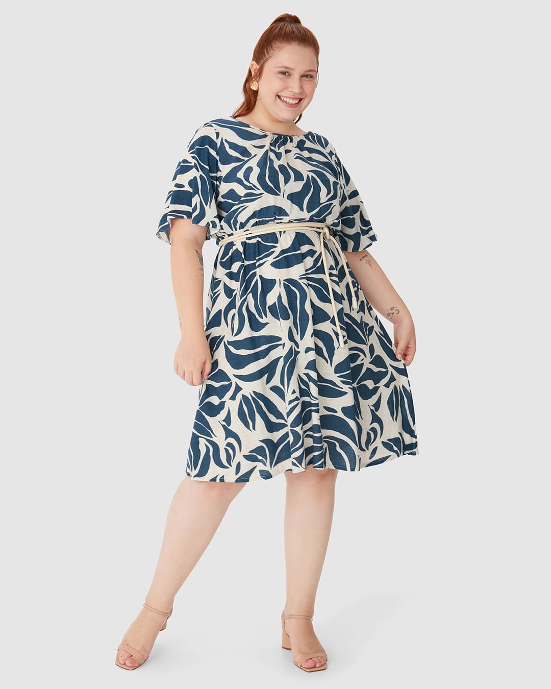 Vestido Feminino Plus Size Acinturado Em Viscolinho Texturizado