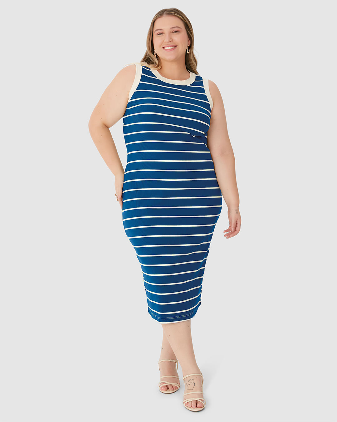 Vestido Midi Feminino Plus Size Justo Em Ribana Listrada - Imagem 6