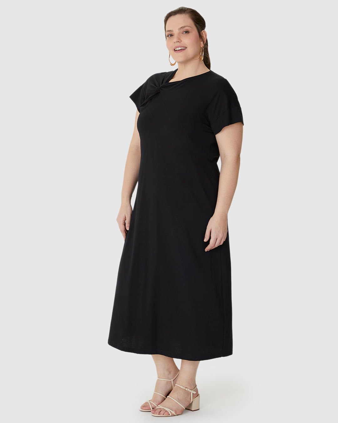 Vestido Longo Feminino Plus Size Decote Detalhe Com Torção Em Algodão - Imagem 2